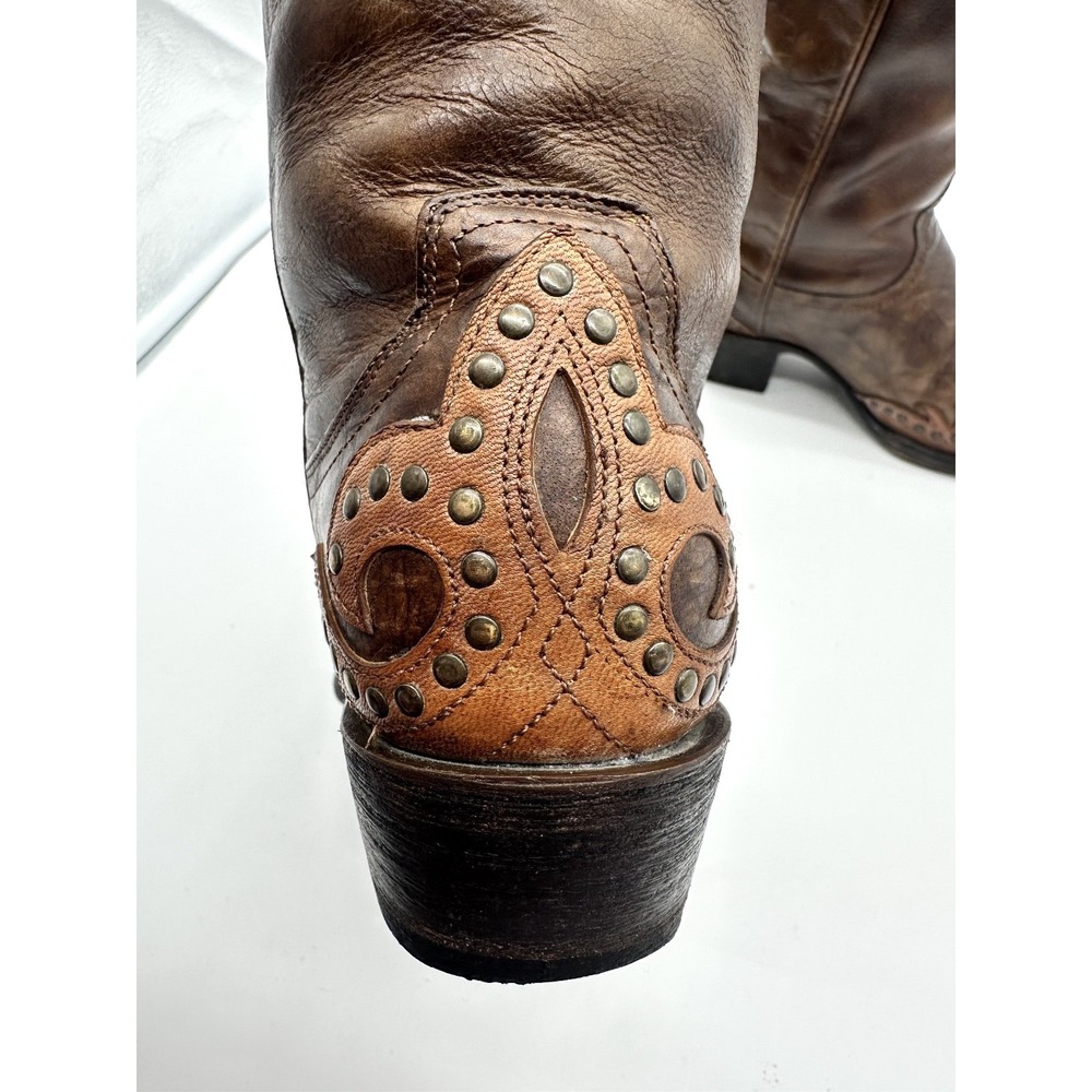 OLD GRINGO for Cavender's Chocolate/Tan Overlay Scroll Fleur Studded Boots 6B - Picture 8 of 12